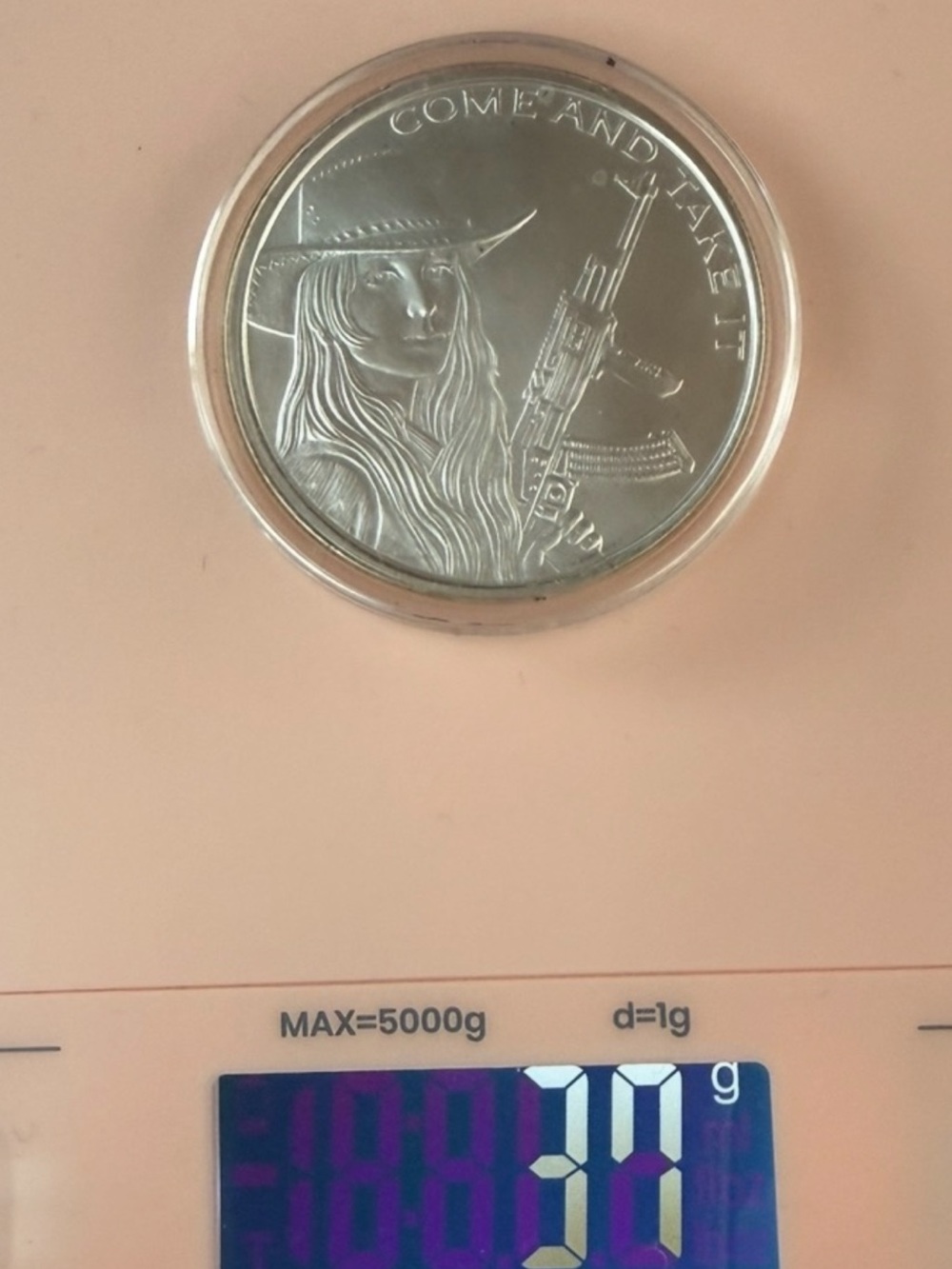 Vintage 2014 Come and Take it.  1 oz. .999 silver Shield round coin Girl